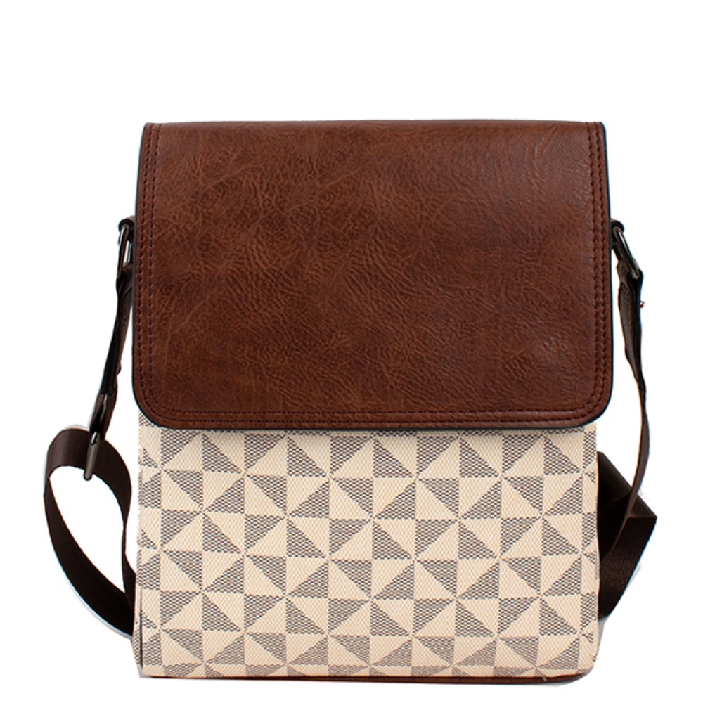A R New York Men's Messenger Brown & Cream Monogram Pattern Crossbody Bag